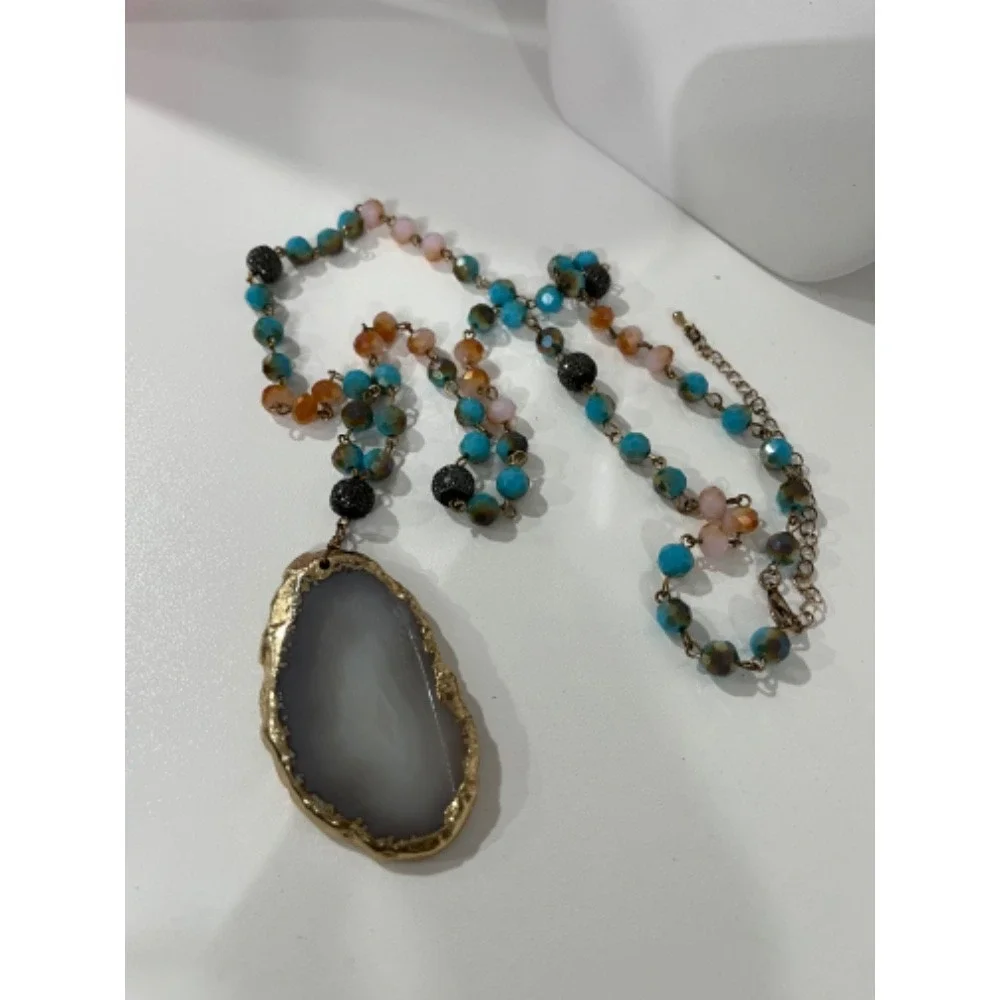 Beaded Necklace Agate‎ Slice Pendant Boho Chic Statement Jewelry